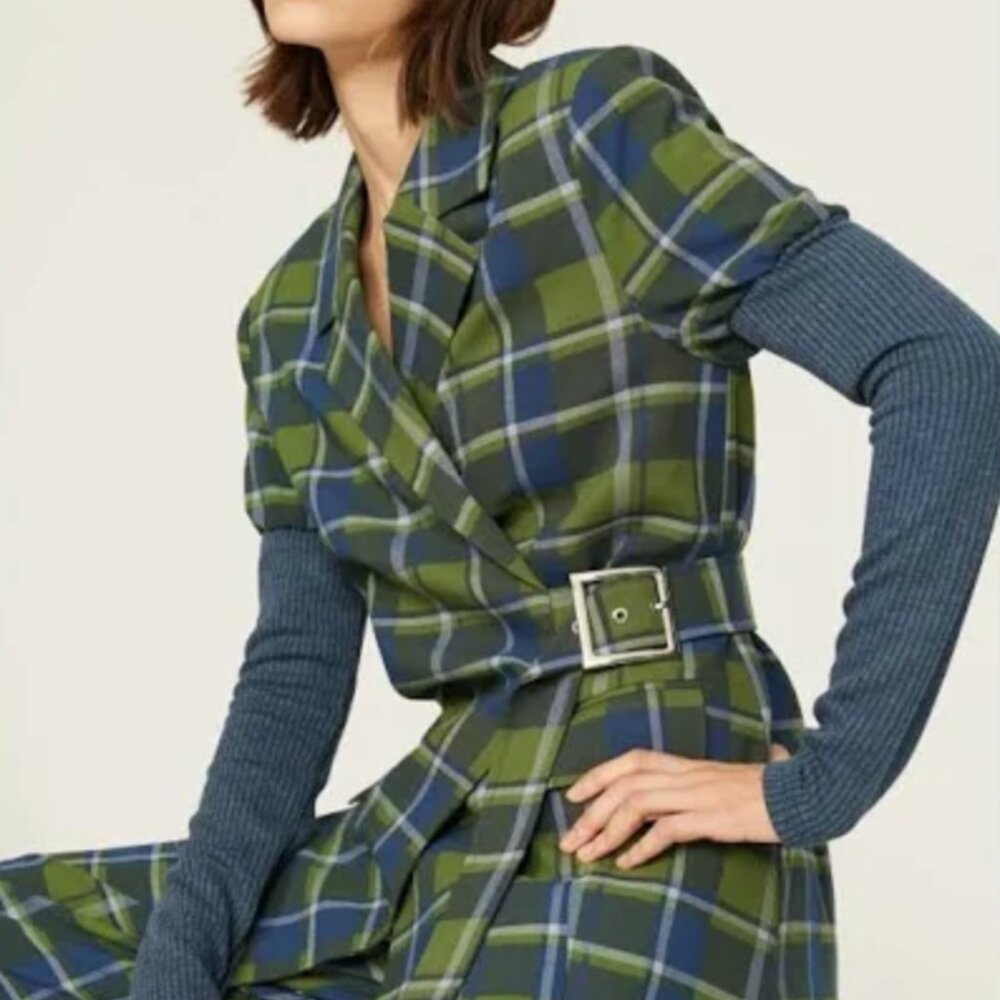 WeWoreWhat Blue and Green Plaid Belted Blazer